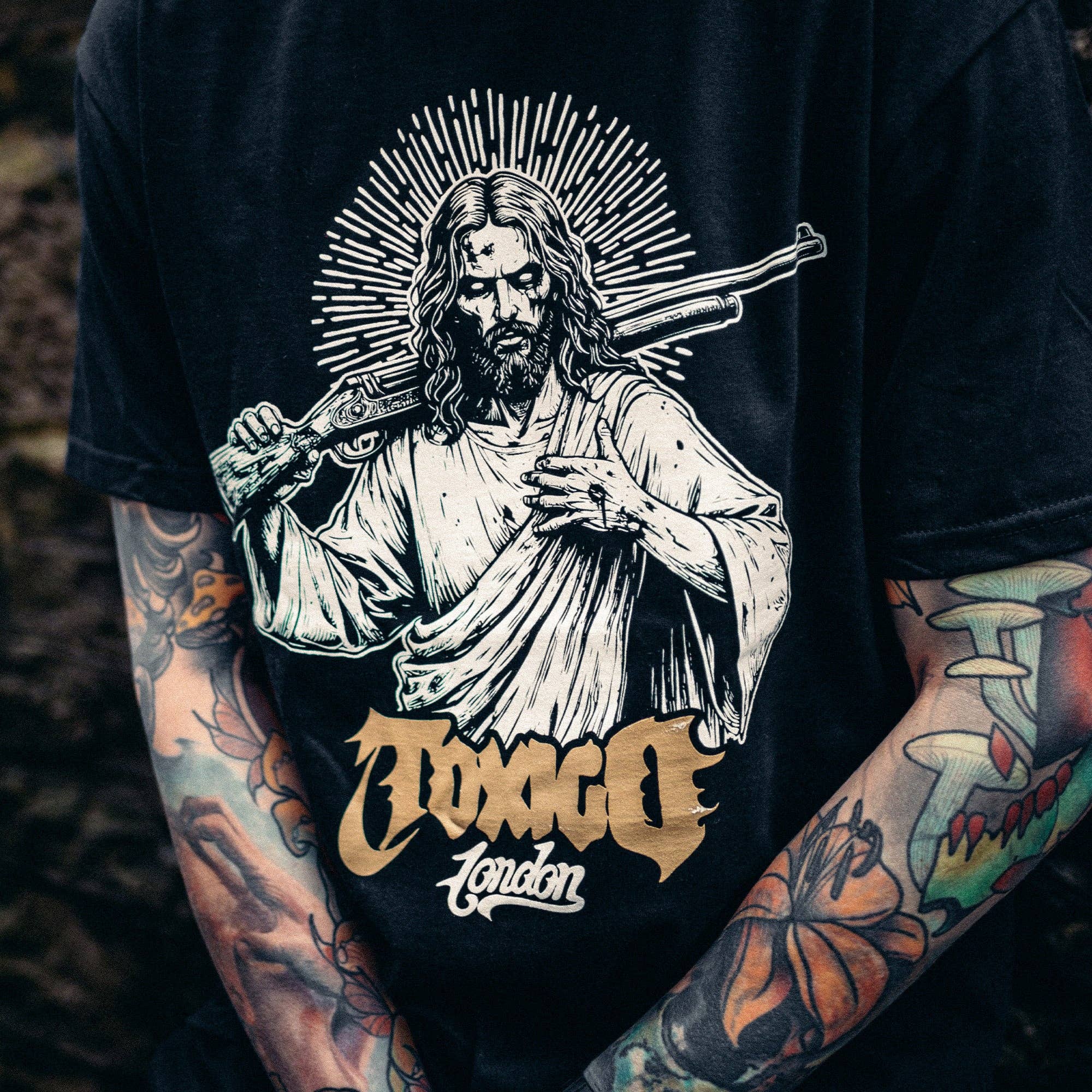 Black Jesus Shotgun Tee for wholesale on Faire1