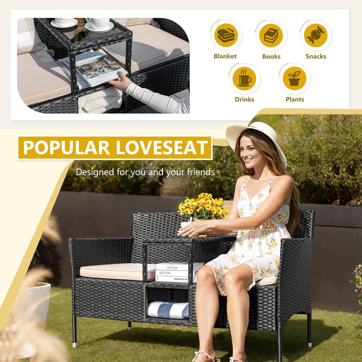 Outdoor Patio 2 Seat Loveseat Set With Built Table Beige for wholesale on Faire2