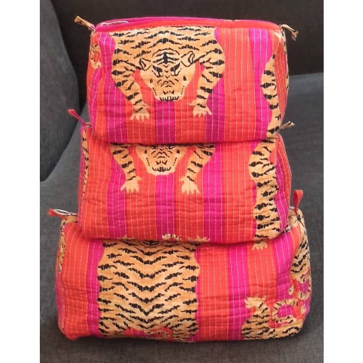 Ayras World - Wholesale Makeup/Cosmetic Bag - Pink & Orange Tiger Cotton Quilted Makeup Bag/Cosmetic Bag