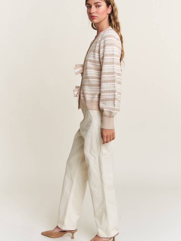 In the Beginning - Wholesale Cardigan - Women's - Beige Stripe Knit Cardigan