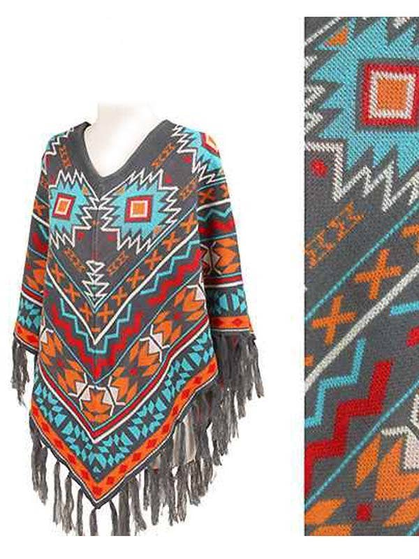 Gris Poncho col V à imprimé aztèque en vente sur Faire1