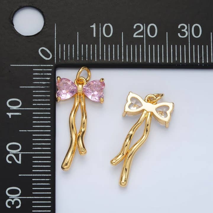 Aim Eternal - Wholesale Individual Charm/Pendant - 24K Gold Filled Clear, Pink CZ Ribbon Bow Drop Mini Charm | AC1015
