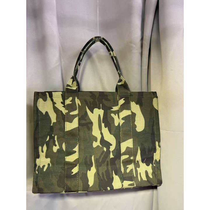 Green CAMOUFLAGE PRINT DENIM THE TOTE BAG EMBROIDERY BAG for wholesale on Faire