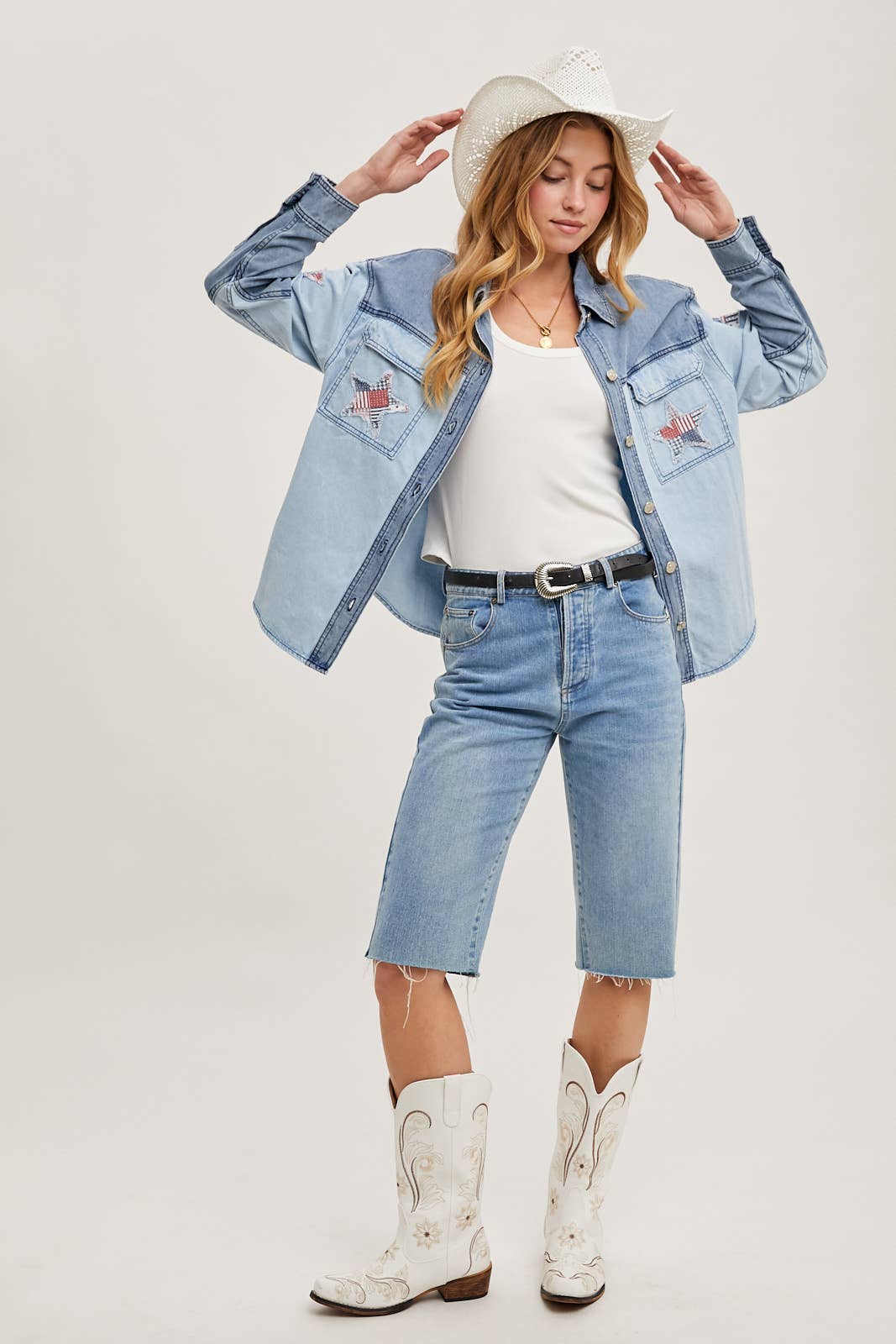 DENIM CAMICIA GIACCA PATCHWORK CON STELLA IN DENIM WESTERN - 4 LUGLIO in vendita all'ingrosso su Faire11