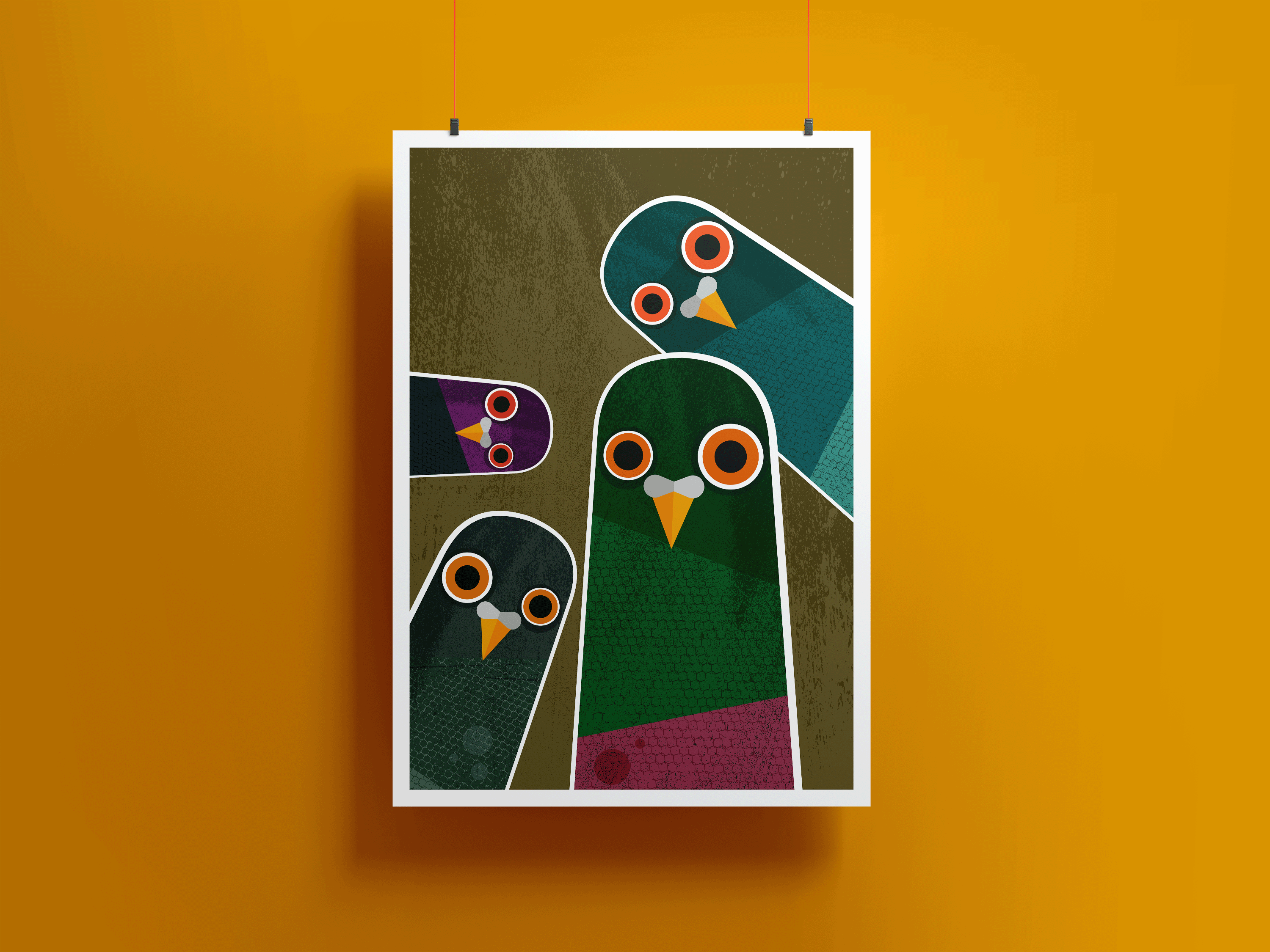 Mr Watson Design – wholesale Art print – Group of Nosy Pigeons  - Retro print1