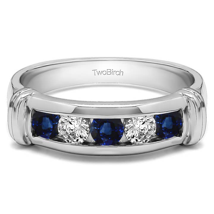 1 CT Sapphire Diamond Set Men's Band Raised Edges 925 Silver for wholesale by TwoBirch