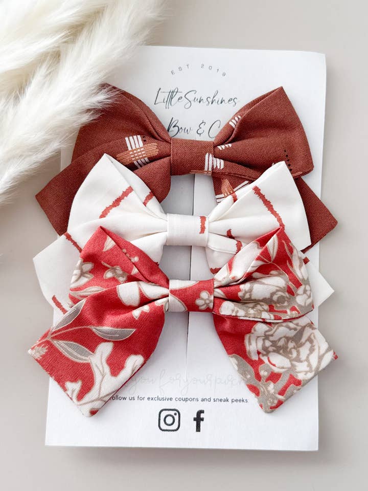 Burgundy & White Flowers Pinwheel Hair Bows- Set of 3 for wholesale by Little Sunshines Bow & Co