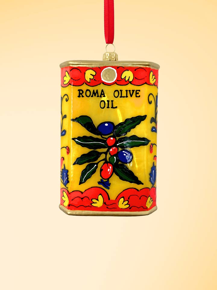 Yellow Olive Oil Can Holiday Polish Glass Christmas Ornament for wholesale by Kenzies of London