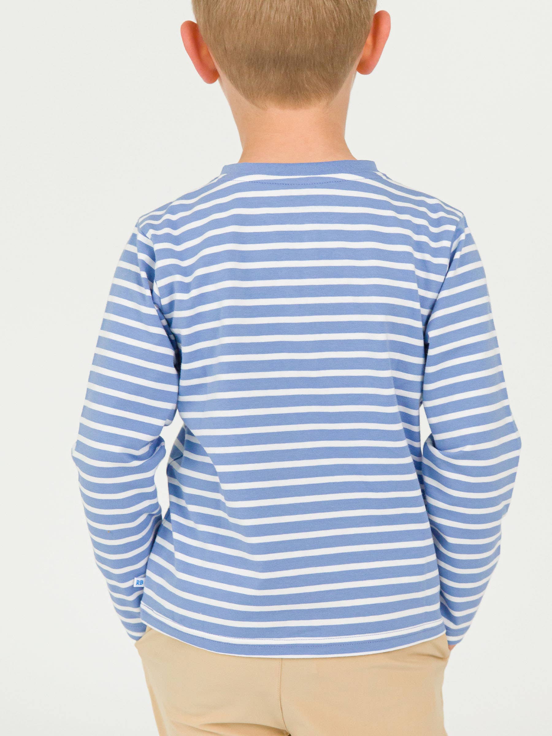 Boys Pumpkin Periwinkle Blue Stripe Knit Long Sleeve Embroidered Henley Tee for wholesale on Faire1