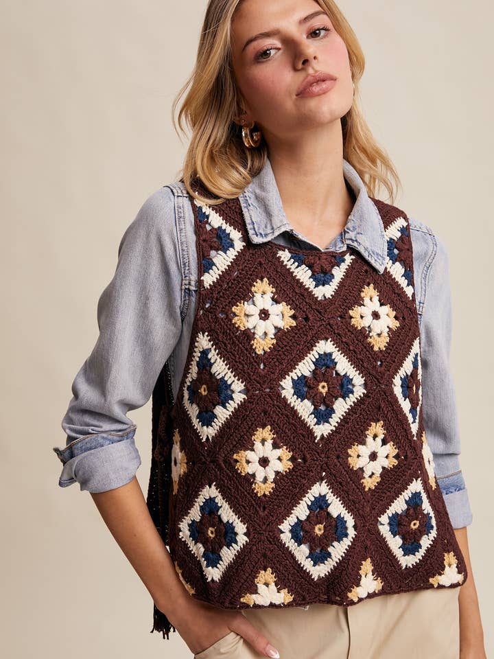 Crochet Granny Square Tassel Tie Vest LSW1006 for wholesale by Listicle