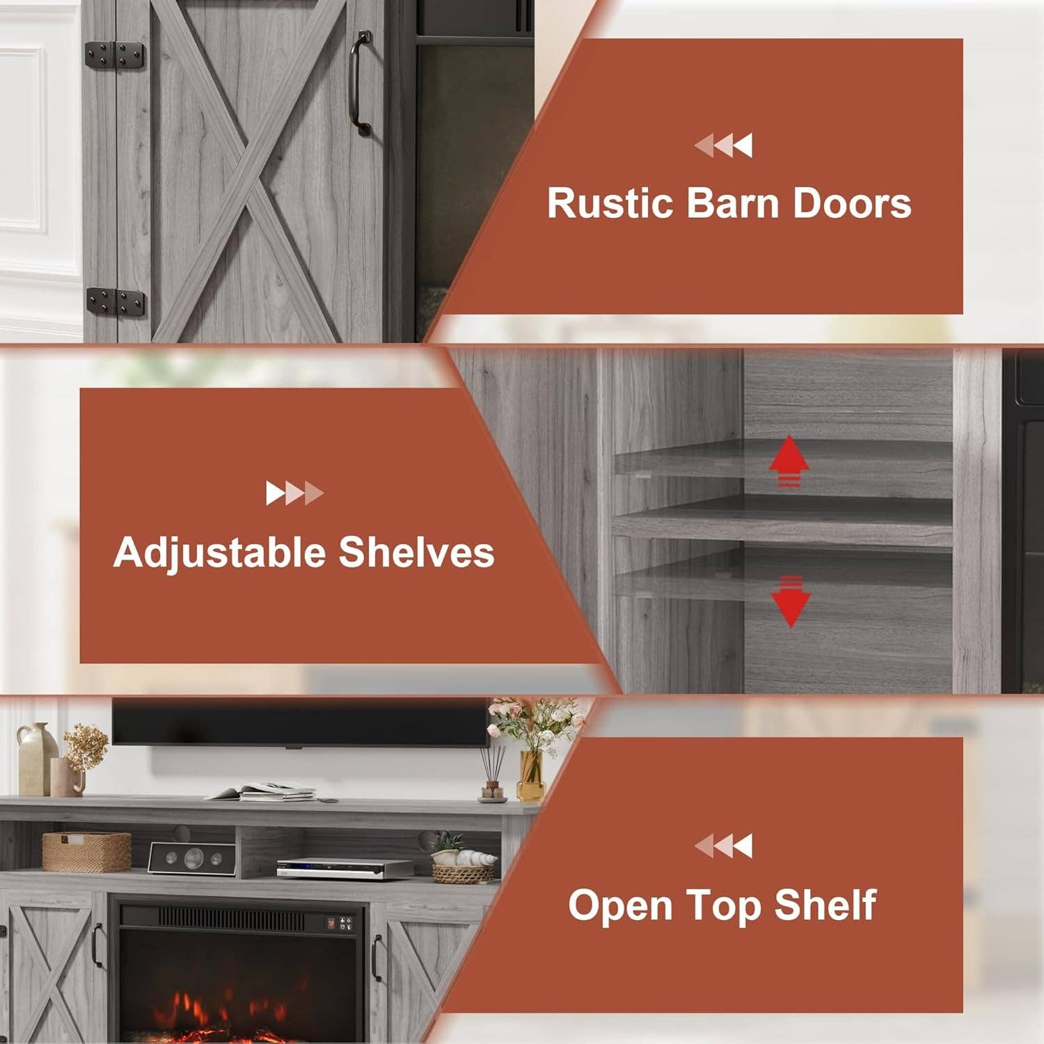 Rustic Fireplace TV Stand 65 Inch with Barn Doors Grey Wash for wholesale on Faire3