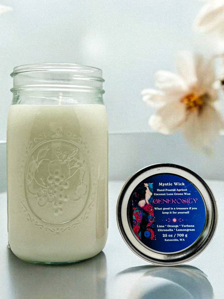 Citronnelle et citronnelle - (Générosité) Cire d'abricot/noix de coco - Bougie en pot Mason 25 oz pour la vente par Mystic Wick LLC