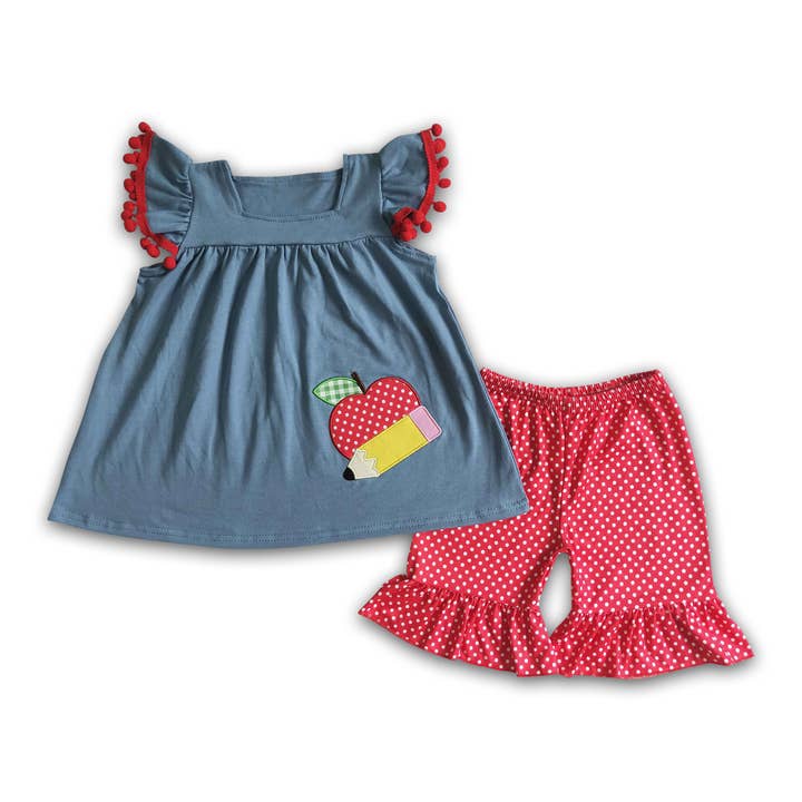 Apple pencil embroidery girls back to school clothing set for wholesale by Yawoo Garments