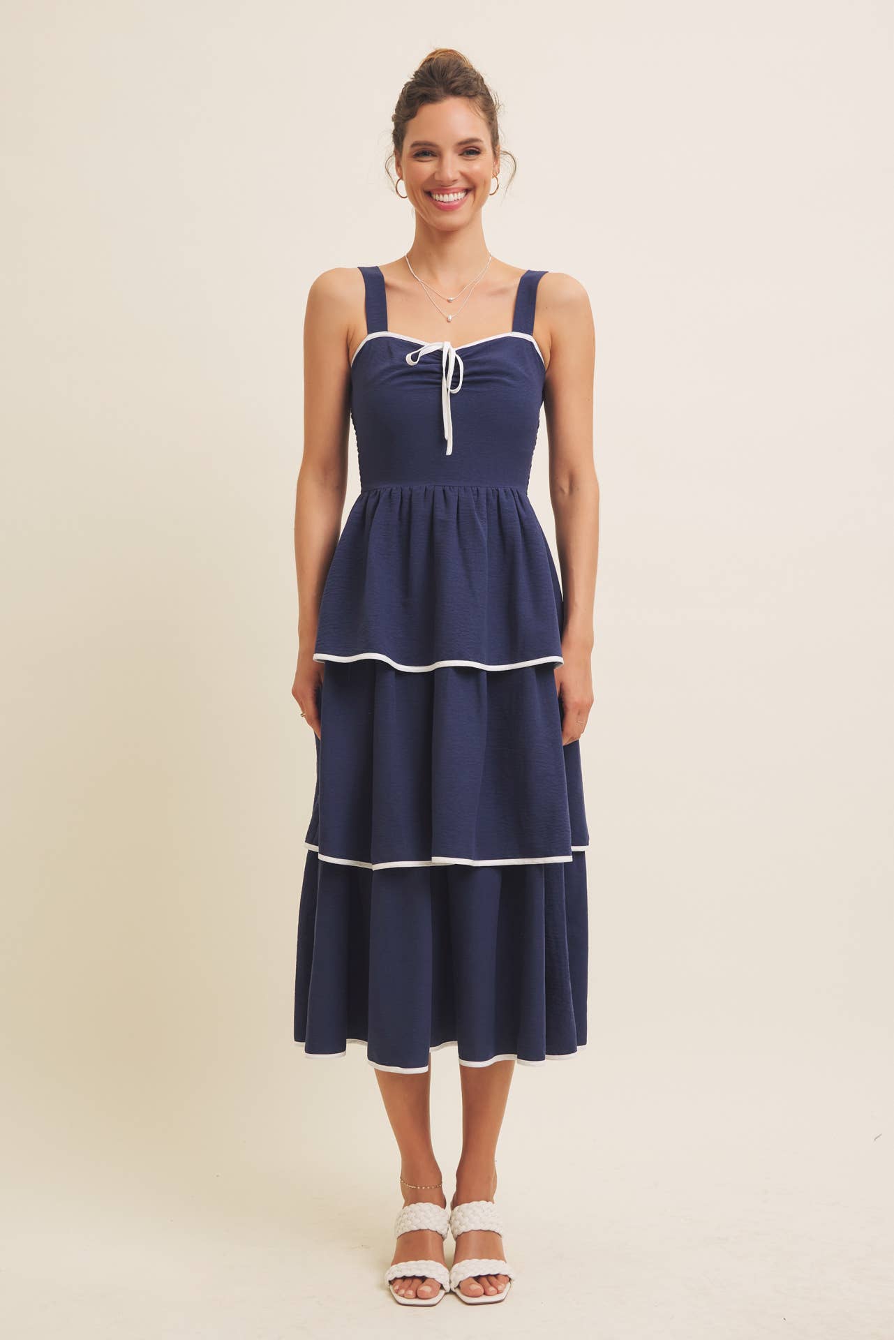 in february - Wholesale Dress - Women's - CONTRAST BINDING WITH BOW MIDI DRESS IN TIERED RUFFLES 13