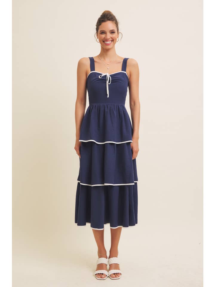 in february - Wholesale Dress - Women's - CONTRAST BINDING WITH BOW MIDI DRESS IN TIERED RUFFLES 13