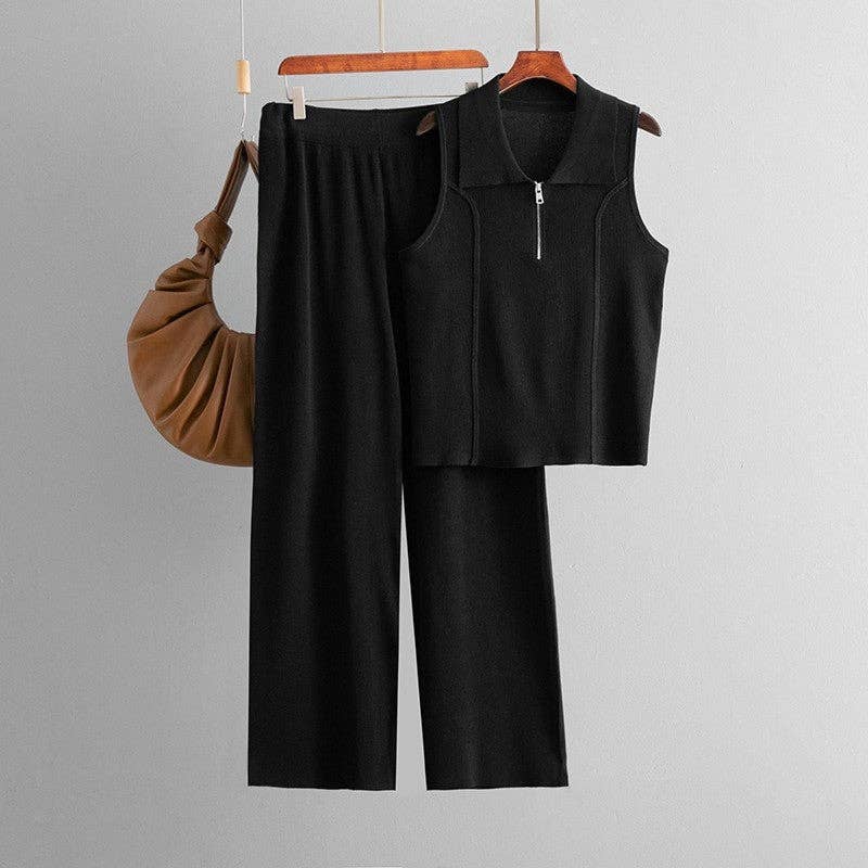OceanusSwim – wholesale Top & pants set (NOT Loungewear) – Women's – Knit Zip Neck Vest High Waist Pants Set1