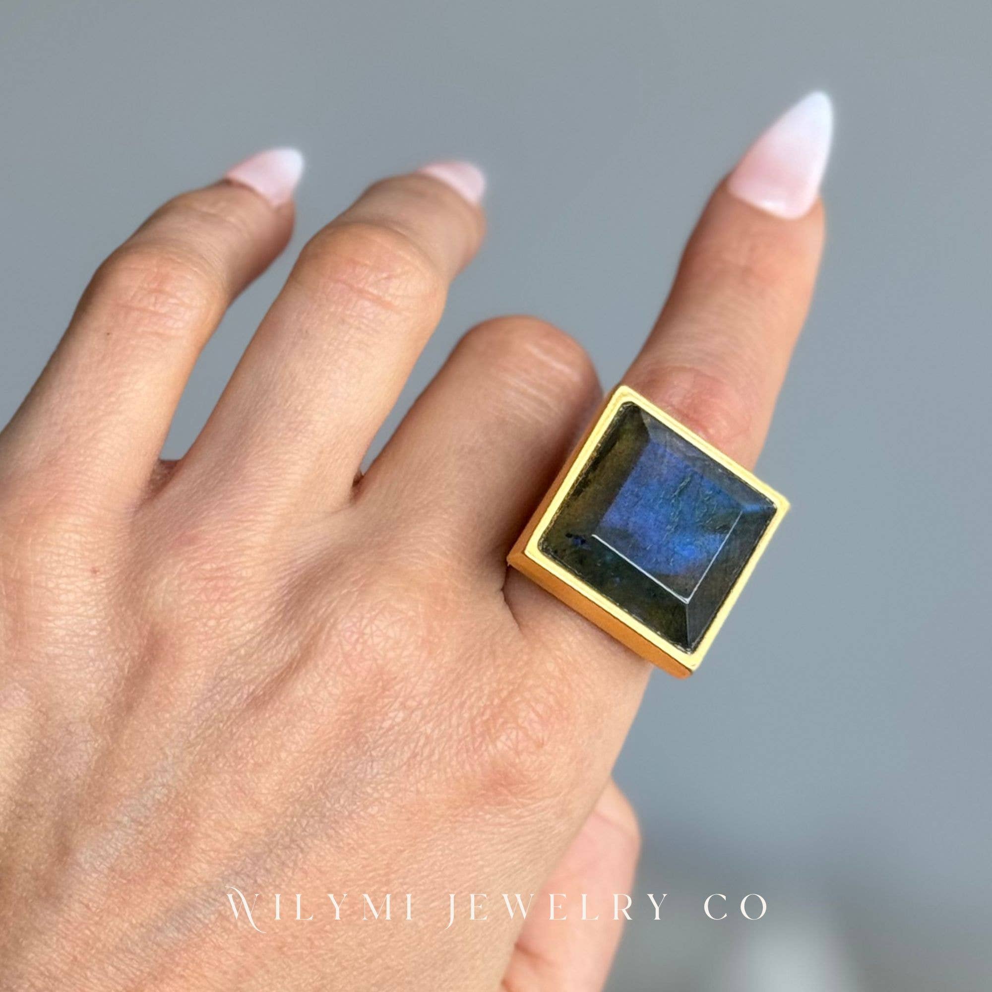 WILYMI Jewelry Co - Wholesale Cocktail/Statement Ring - PRESENCE Labradorite 20mm Square Cut | 24k GF | Adjustable16
