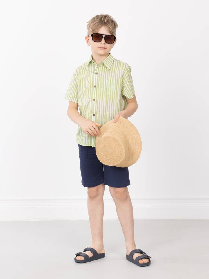 Mossy Trail Shirt – Boys’ Cotton Shirt with Light Green Stripes & Coconut Buttons for wholesale by Curiosity