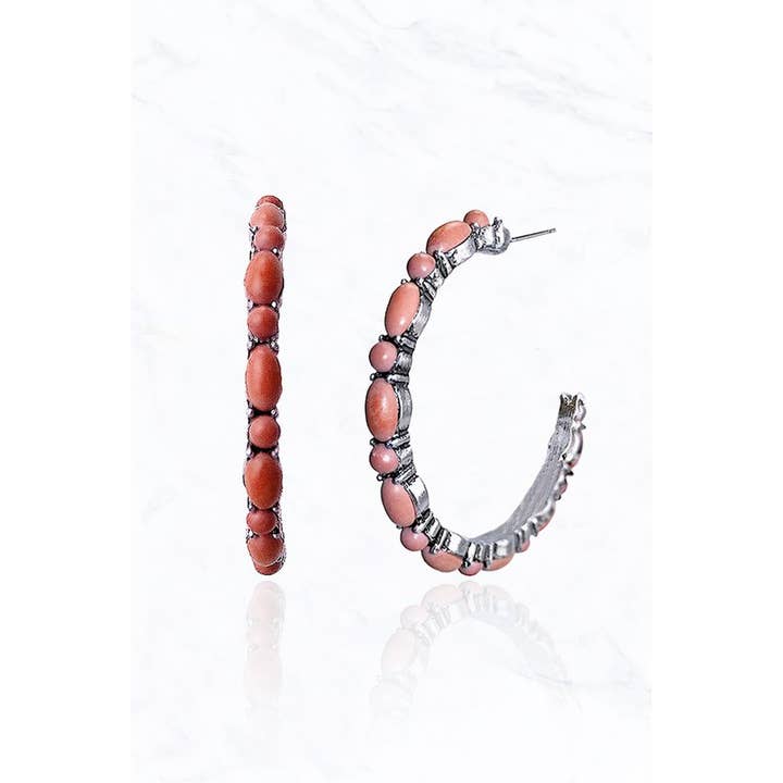 Suzie Q USA - Wholesale Hoop Earrings - 40MM, Semi Genuine Stone Open End Hoop Earrings