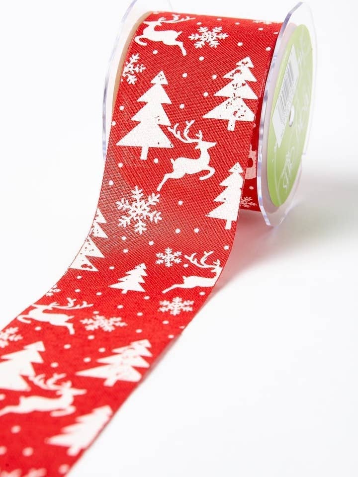 2.5 Inch Faux Jute Christmas Print Ribbon, Red & White for wholesale by May Arts Ribbon