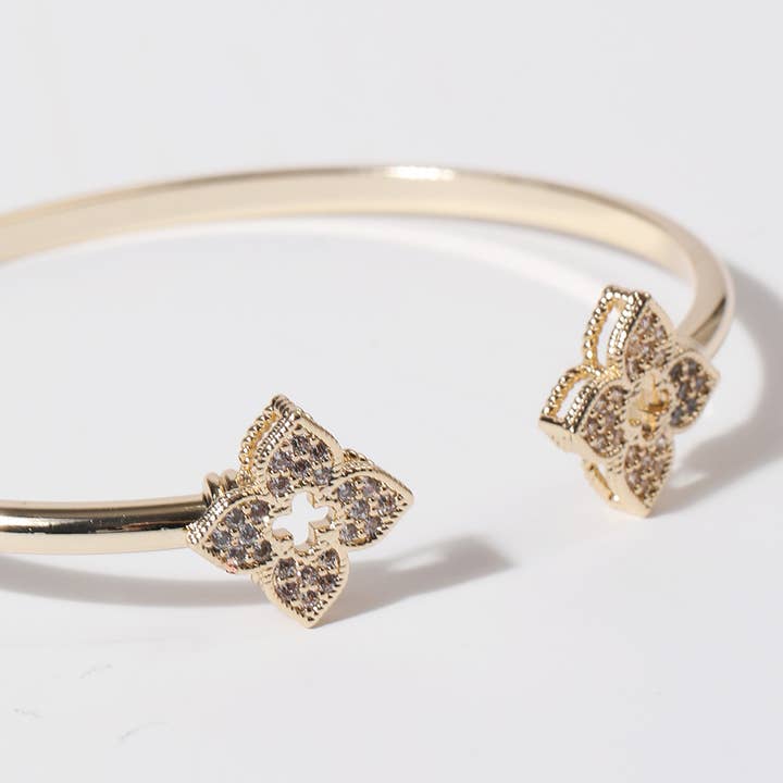 G CZ Four Leaf Clover Gold Plated Cuff Bangle for wholesale on Faire