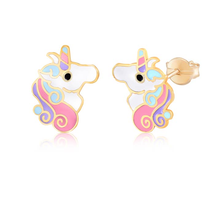 Boucles d'oreilles à tige MASSETE en or jaune 14 carats, licorne colorée pour la vente par Massete
