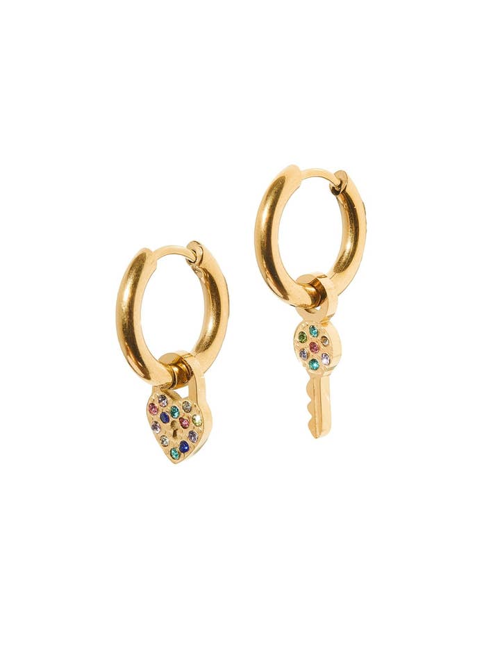 Huggie Charm Earrings - Lock and Key Gold for wholesale by LINNY CO