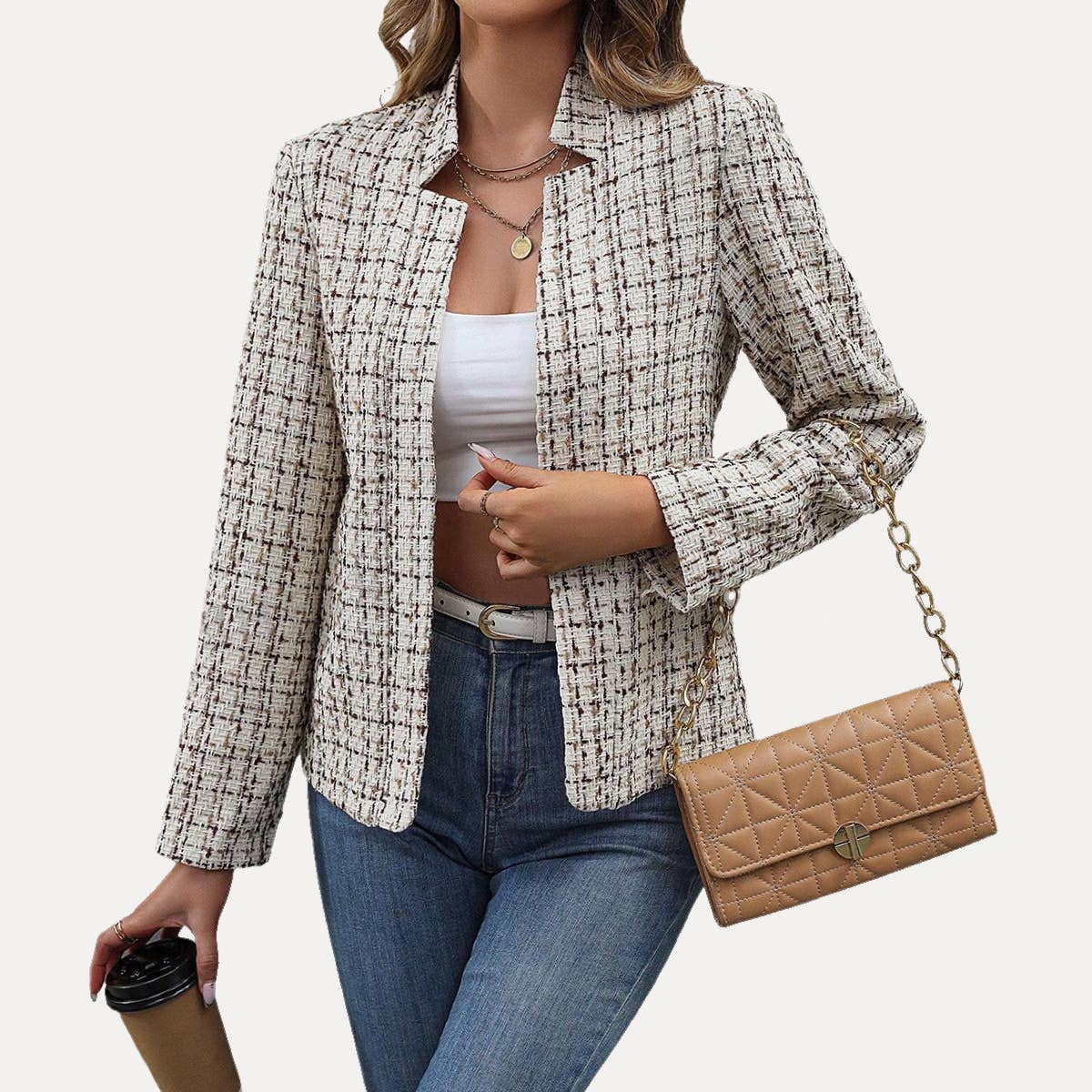 The Moment Collection – wholesale Blazer – Women's – Trendy Plaid Mock Neck Long Sleeve Open-Front Blazer 4