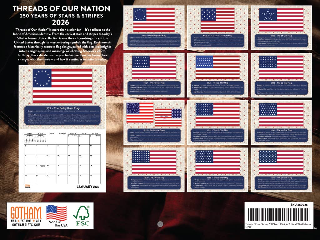 Flera färger USA 250-årsjubileum 1776 Nationens Tråd Flagga Kalender 2026 Månatlig Vägg för wholesale på Faire1
