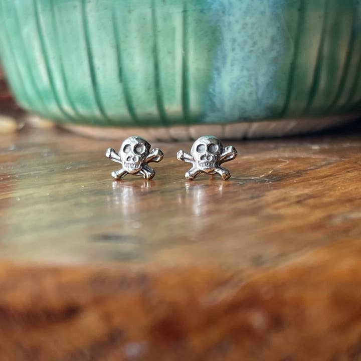 Skull & Crossbones Goth Sterling Silver Stud Earrings for wholesale by The Dwelling Gem