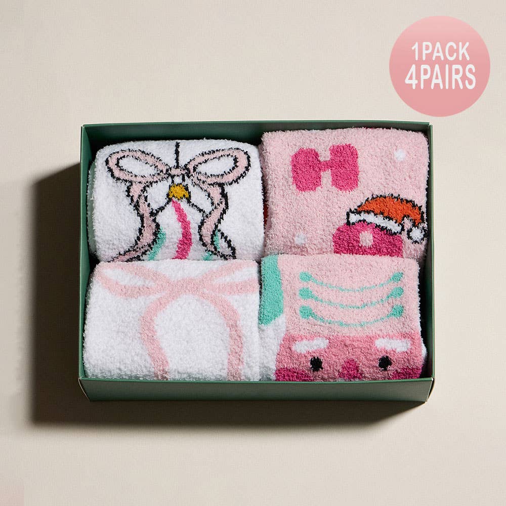 Sensibling Corp. – Meias - Mulher por atacado – 4 Pares - Conjunto de Meias de Natal com Estampa de Quebra-Nozes e Laço HOHOHO1