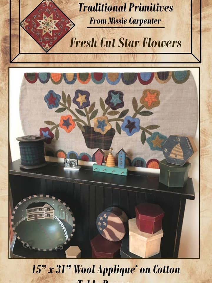 Fresh Cut Star Flowers Wool Applique Pattern for wholesale by Traditional Primitives