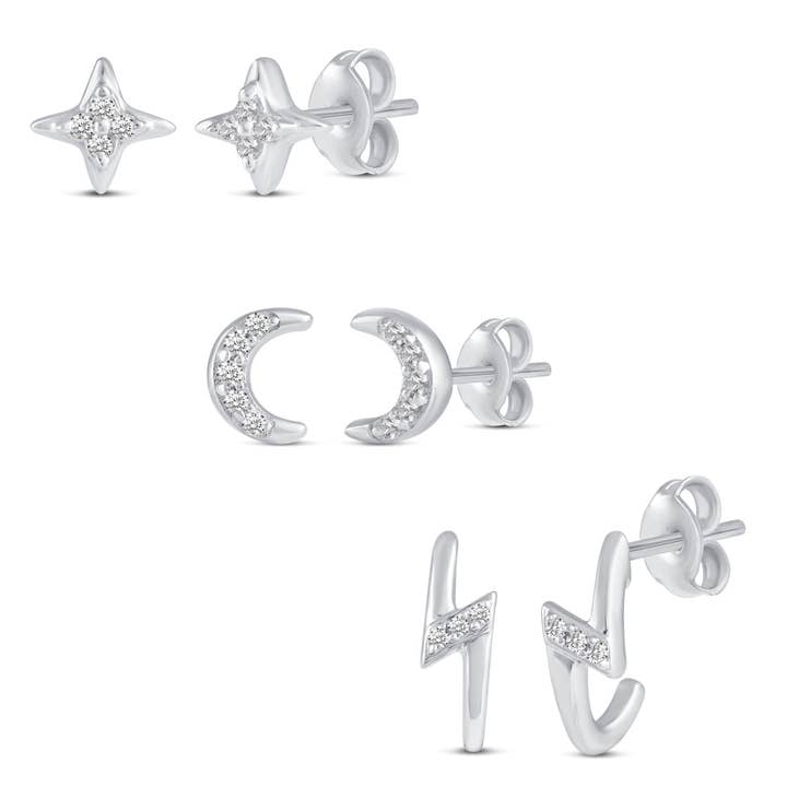 3 Pairs Set Ear Party 1/10 Cttw Natural Diamond Star Moon Li for wholesale by Fifth and Fine
