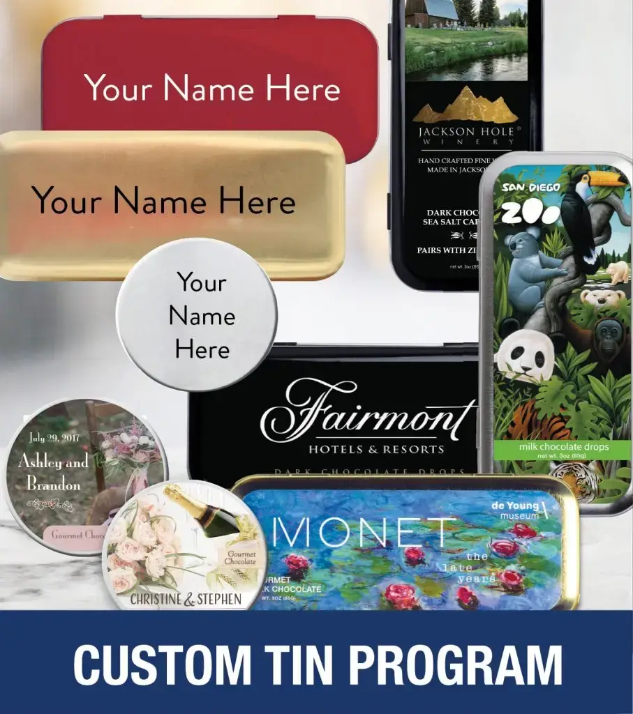 The San Francisco Chocolate Factory - Wholesale Chocolate Box - Custom-labeled 3oz Chocolate-filled Tin (144+ Tins @ $6.50)2