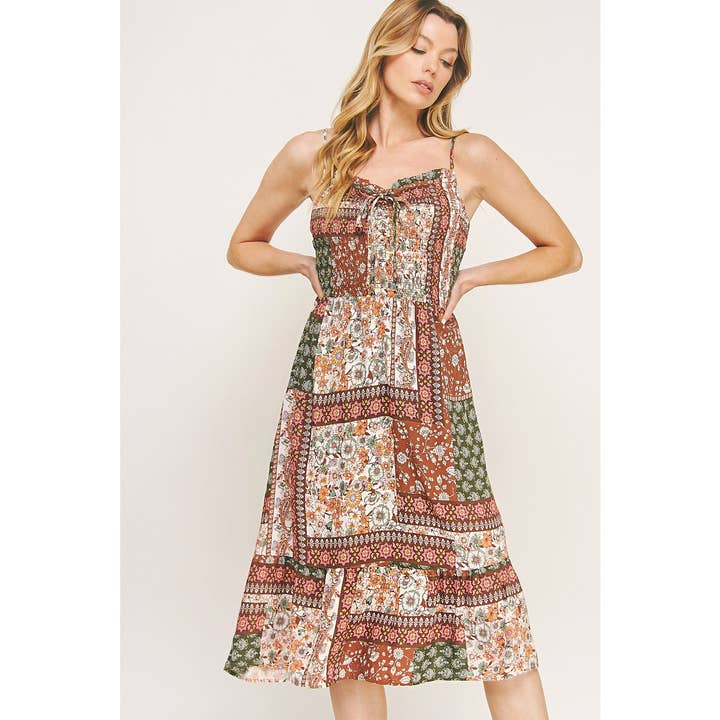 HERITAGE PATCHWORK SMOCKED MIDI DRESS for wholesale by Winslow Collection