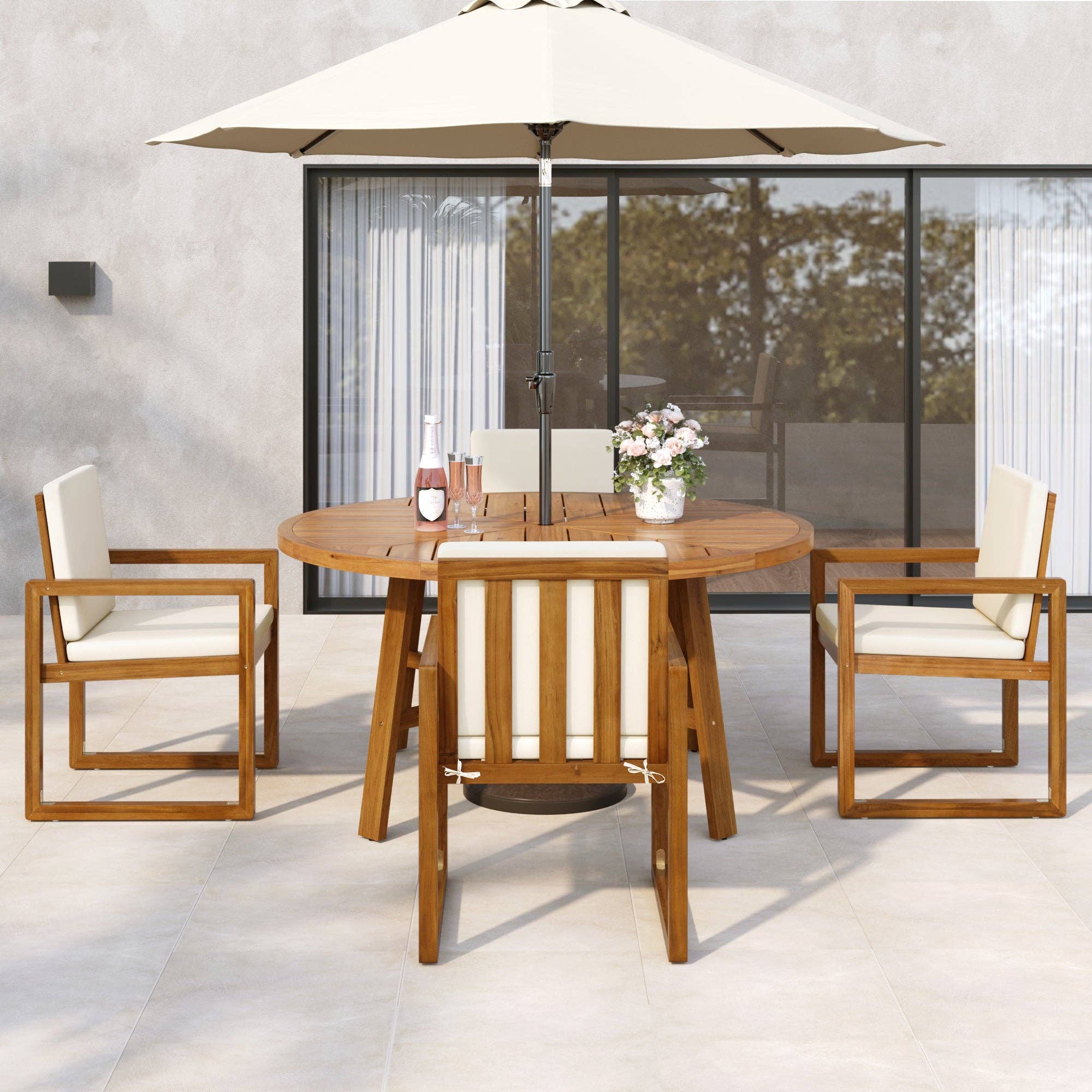 HOMYCASA DESIGN INC - Wholesale Patio Set - 5-Piece Outdoor Patio Dining Set Acacia Wood with Four Armchairs and Table, Beige6