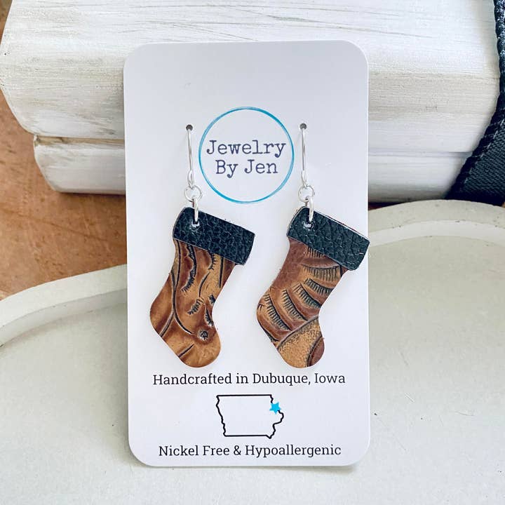 Christmas Stocking Earrings: Brown Western Tooled for wholesale by Jewelry By Jen