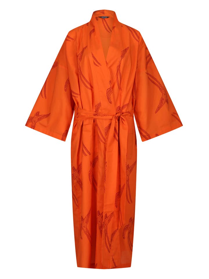 Susannah Cotton - Vente Peignoir – femme - Peignoir kimono en coton Susannah - Oiseau à longue queue rouge sur orange1