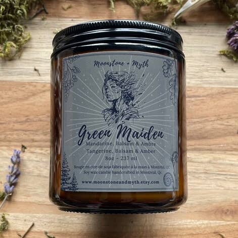 Green Maiden, 100% soy wax scented candle for wholesale by Moonstone and Myth