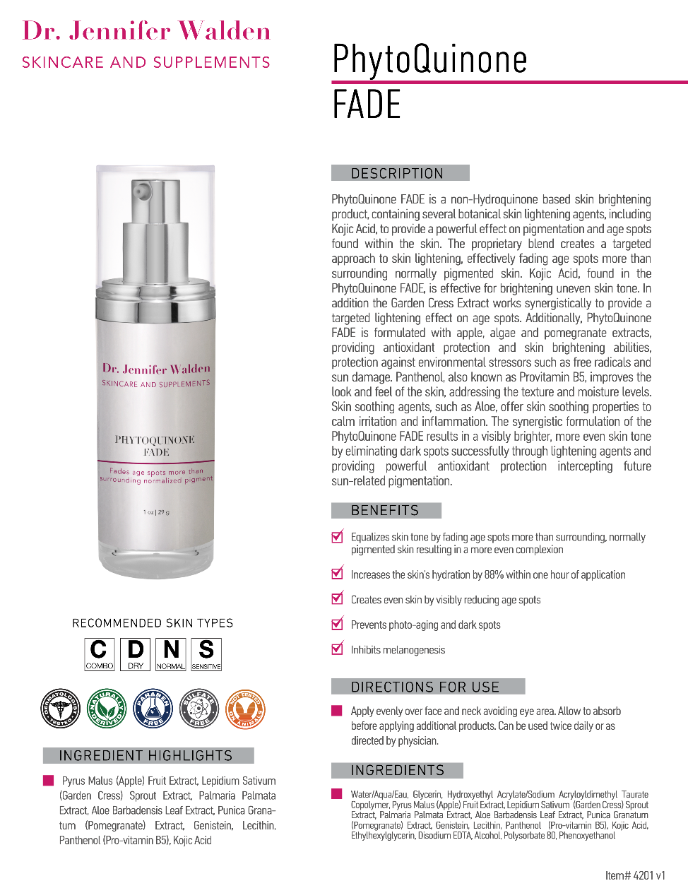 Dr. Jennifer Walden Skincare & Supplements - Wholesale Facial Serum/Concentrate - PHYTOQUINONE FADE PIGMENT CONTROL2