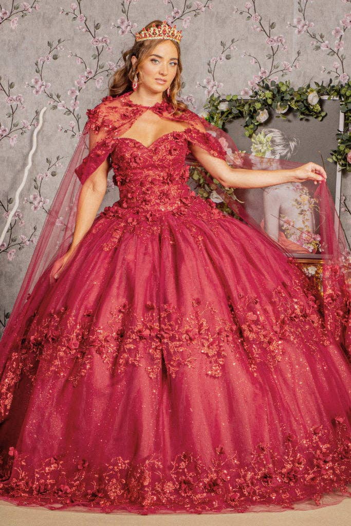 Tux-USA® - Vente Robe de soirée – femme - Robe de Quinceañera en maille avec application florale 3D pailletée et cape longue en tulle6