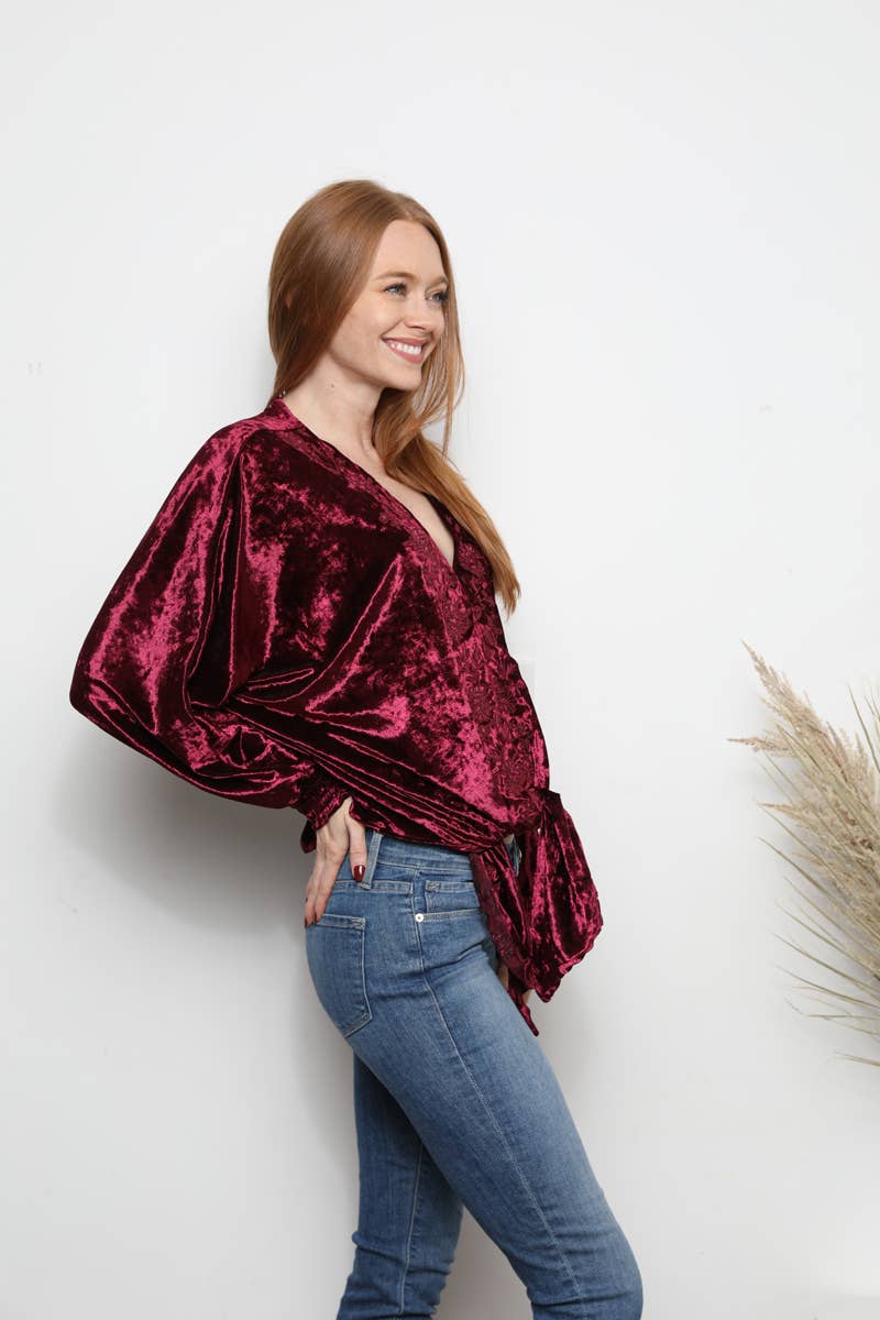 Nostalgia - Wholesale Blouse - Women's - E2V75-ASIS CRUSHED VELVET V NECK EMBROIDERED TIE WAIST TOP5