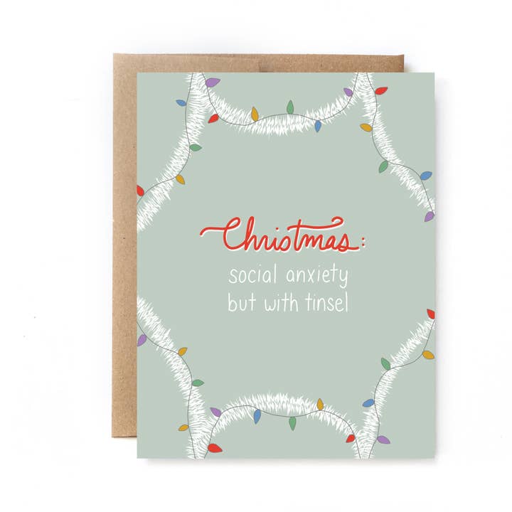 Funny Green Red Christmas Card - Holiday Social Anxiety for wholesale by Unblushing