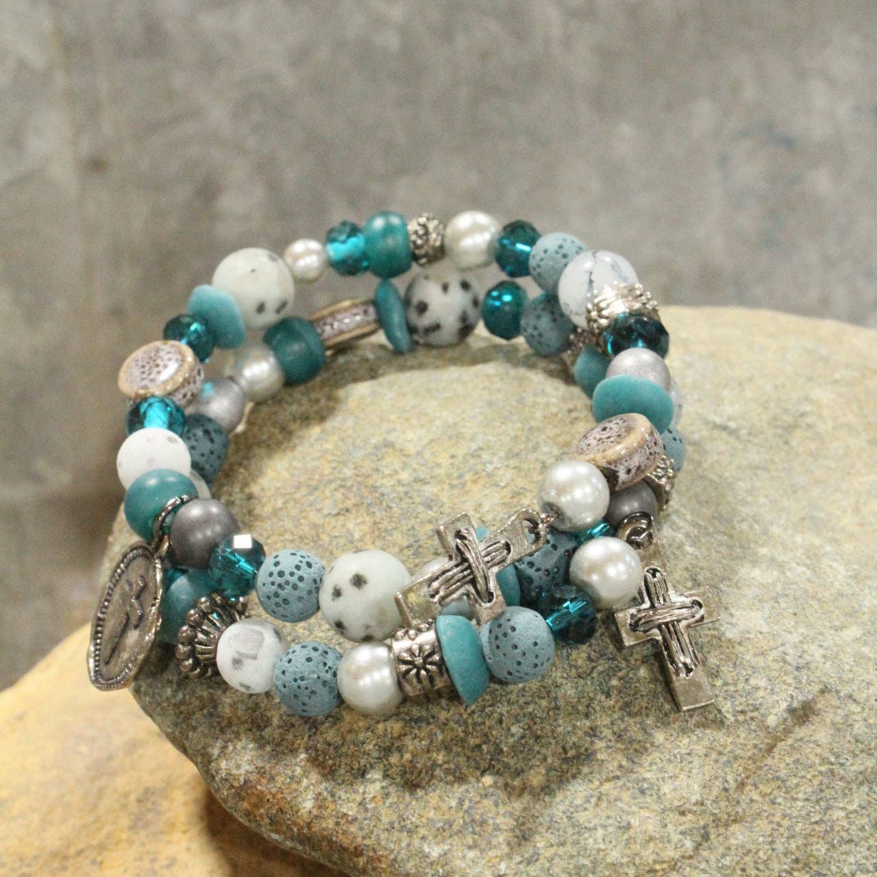 The Primitive Peddler, Inc. - Wholesale Charm/Dangle Bracelet - Gunmetal & Jade Stone Cross Layered Wrap Bracelet2