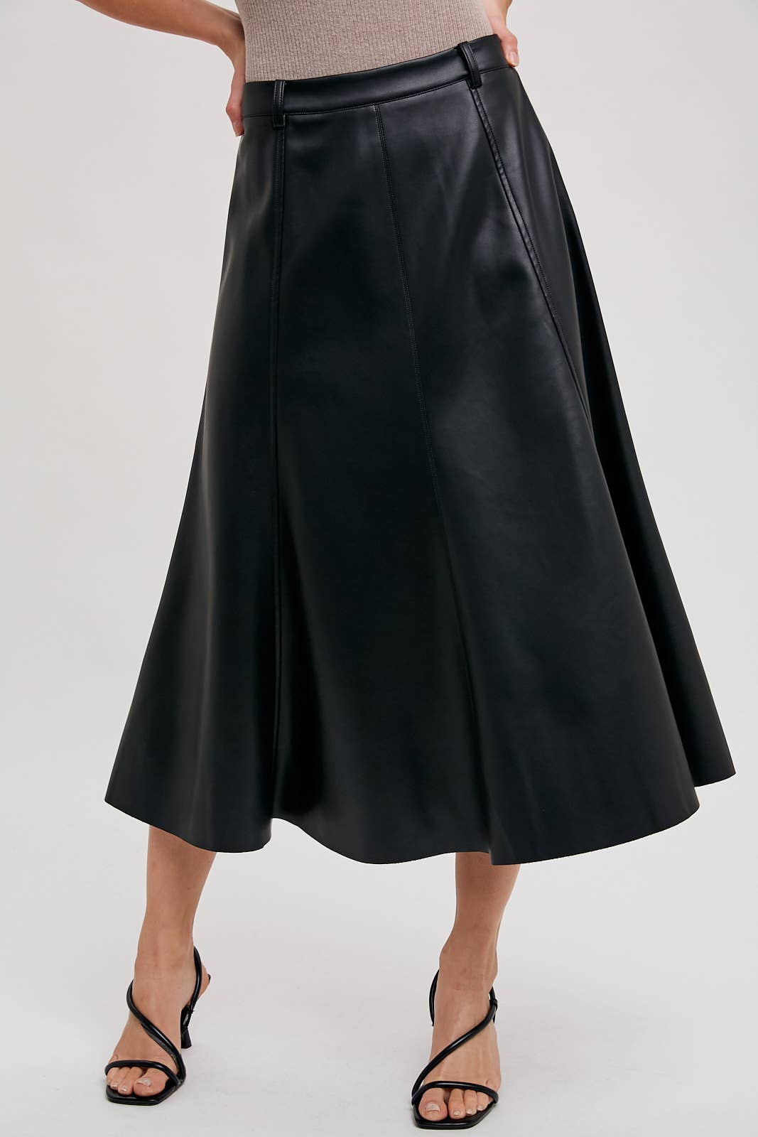 Bluivy - Wholesale Skirt - Women's - FAUX LEATHER FLARE MIDI SKIRT17