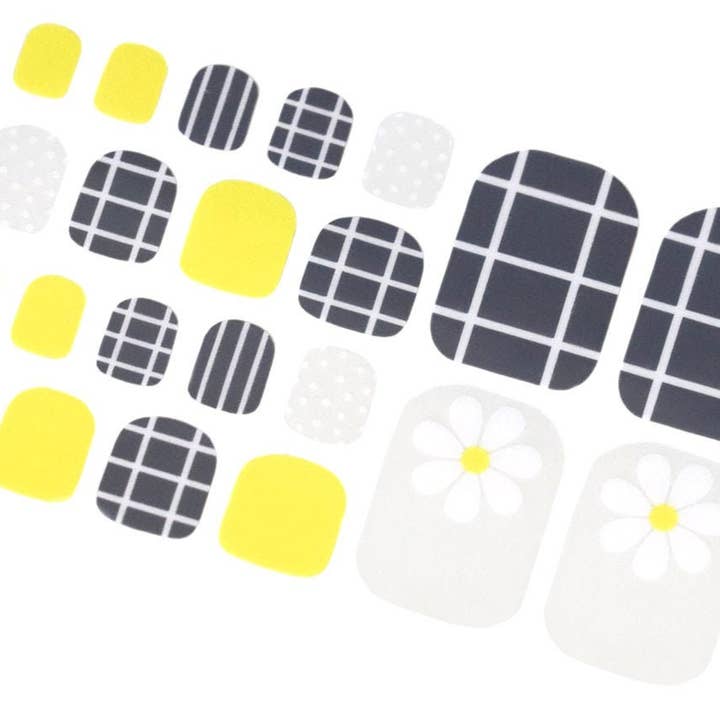 ClebleNails - Wholesale Nail Art/Decal - Gray & Yellow Plaid Nail Wraps for Toes / Flower Transparent Toe Nail Polish Strips / Cute Nail Stickers / Check Pedicure Women Nail Wraps