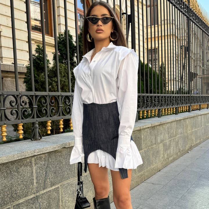 MINIVESTIDO-CAMISA YVN CON MANGAS ABULLONADAS para venta al por mayor de Fashion Roots