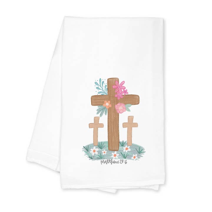 Cotton Tea Towel White-Floral Cross Matthew 28:6 for wholesale by Clairmont & Co