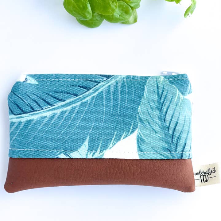 Coin purse in teal palms for wholesale by Handcrafted FCD