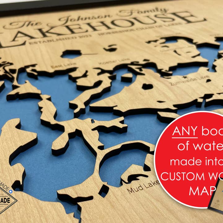 Waypoint Maps - Wholesale Map - Lake House Gift - Custom Wood Lake Map of ANY LAKE OR RIVER